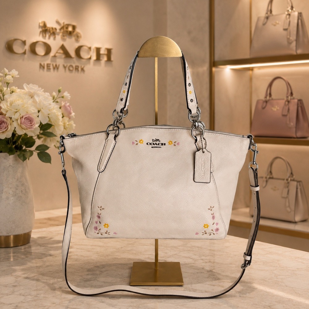Coach Kelsey Satchel White Floral Embroidered Pebble Leather Bag F24599